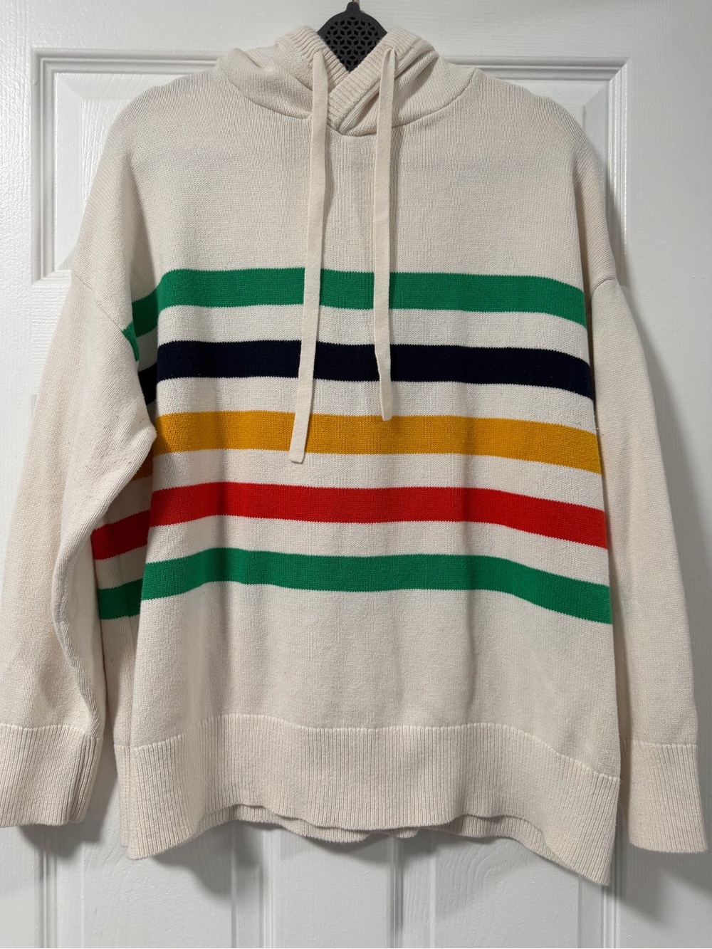 Lou & Grey Women’s XL Striped Cotton Knit Hoodie Sweater Ivory Multicolor